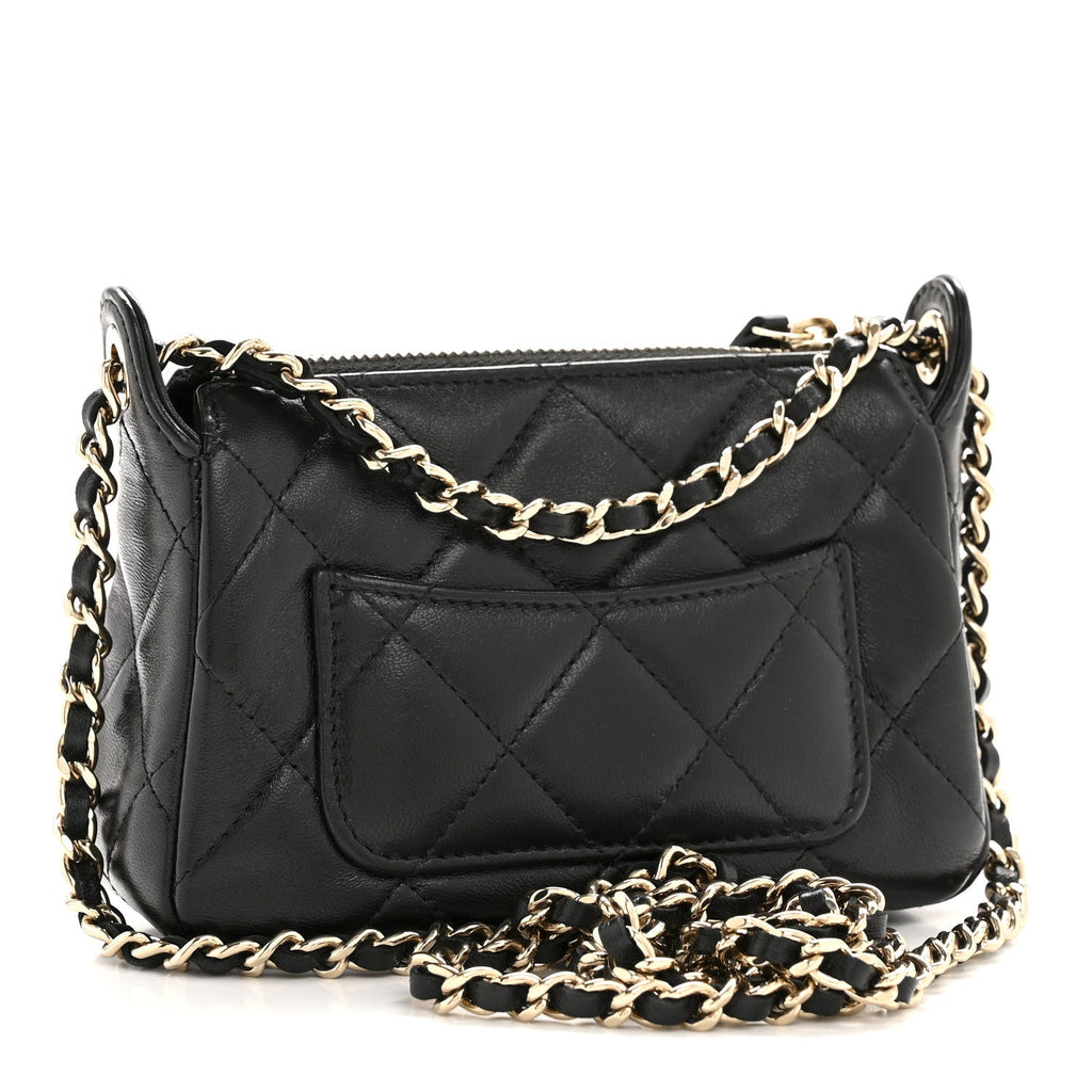 Shiny Crumpled Lambskin Quilted Mini Clutch With Chain Black