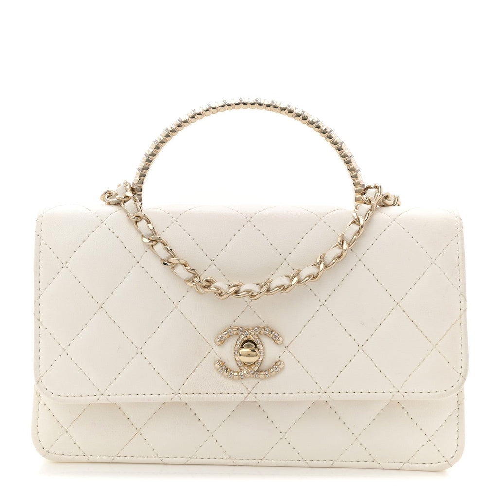 Lambskin Quilted Crystal Top Handle Rectangular Flap White