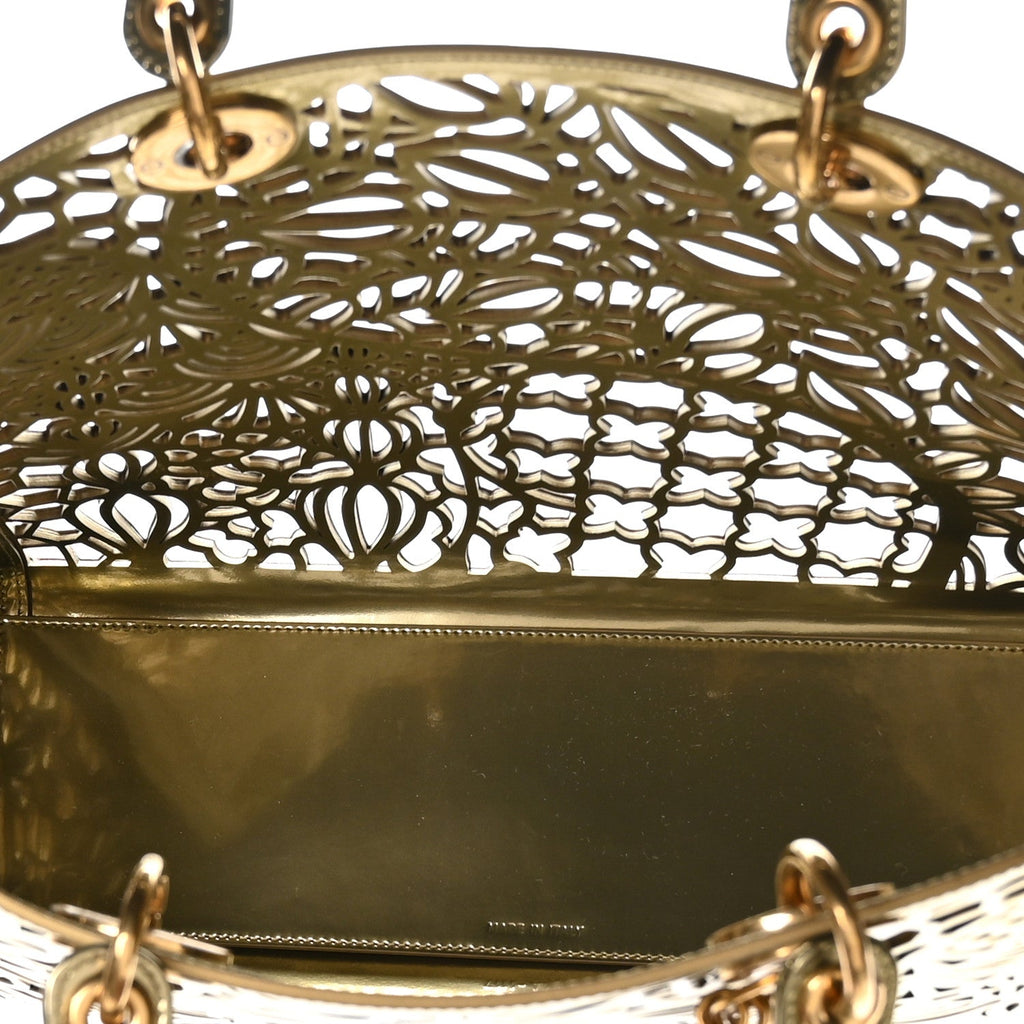 X DAVID WISEMAN Metallic Calfskin Laser Cut Large Lady Dior Gold