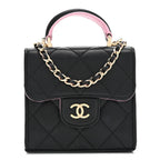 Lambskin Quilted Bi-Color Top Handle Clutch With Chain Black Pink