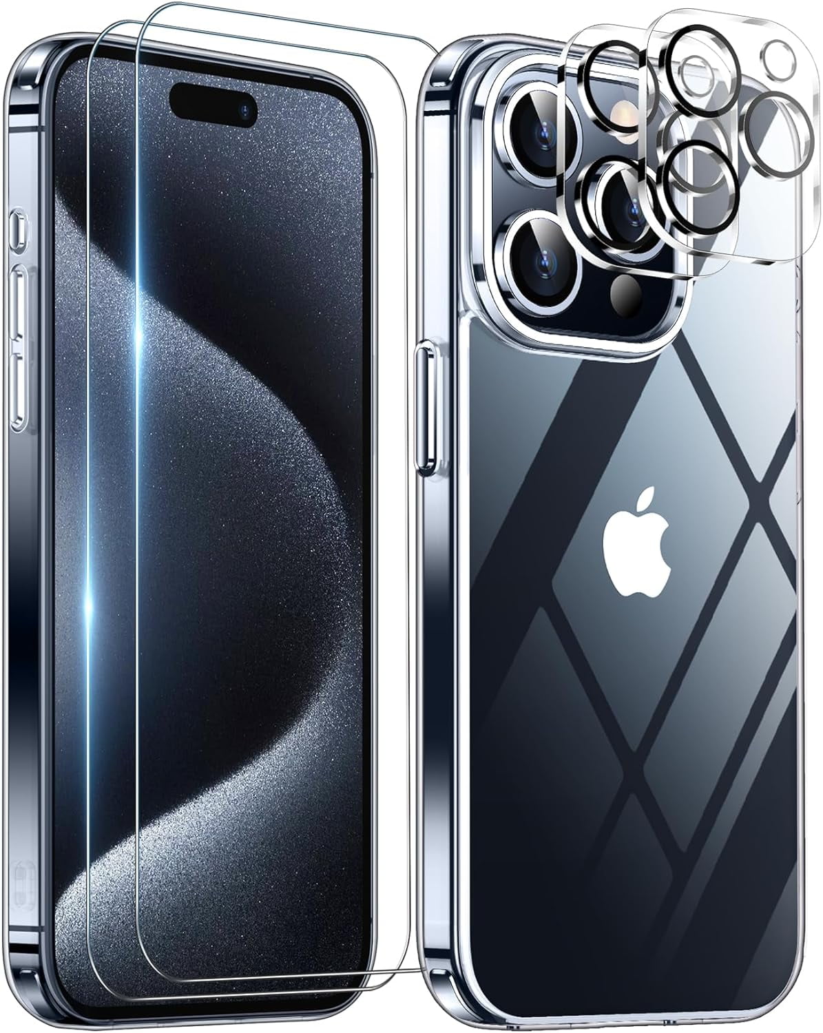 Entronix Bundle Compatible with iPhone 15 Pro - [Hard] Clear Case, 2 Clear Screen Protector & 2 Camera Lens Protectors
