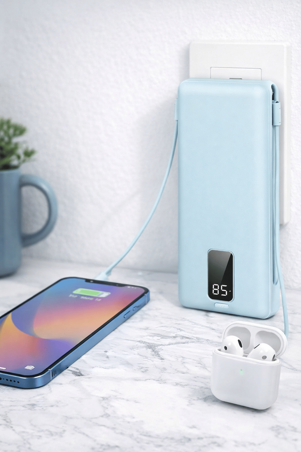 Any Charge 10K: All-in-One 10,000mAh Power Bank with Built-in Cables & Wall Plug