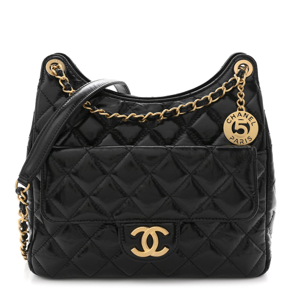 Shiny Crumpled Calfskin Quilted Wavy CC Hobo Black