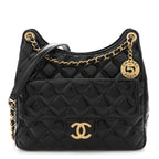 Shiny Crumpled Calfskin Quilted Wavy CC Hobo Black