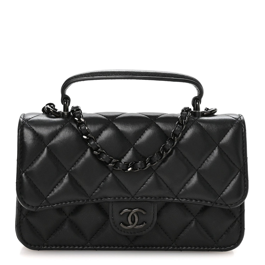 Lambskin Quilted Flap Phone Holder With Chain So Black