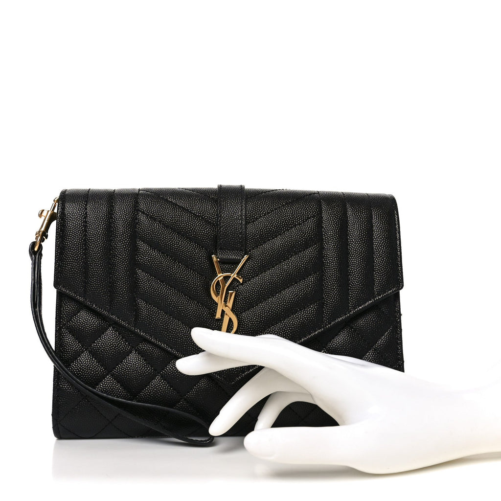 Grain De Poudre Textured Mixed Matelasse Triquilt Monogram Clutch Black