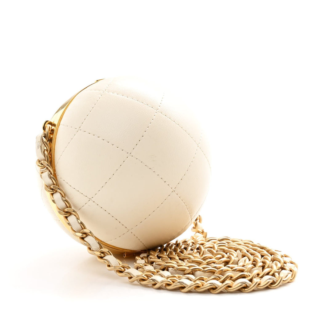 Lambskin Quilted Sphere Minaudiere Chain Clutch White
