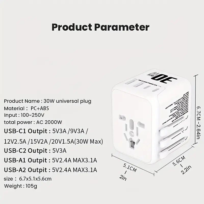 "30W GaN Travel Adapter – 4-Port Charger with EU/UK/US/AU Plugs"