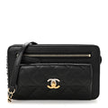 Lambskin Quilted Front Pocket Clutch With Chain Black
