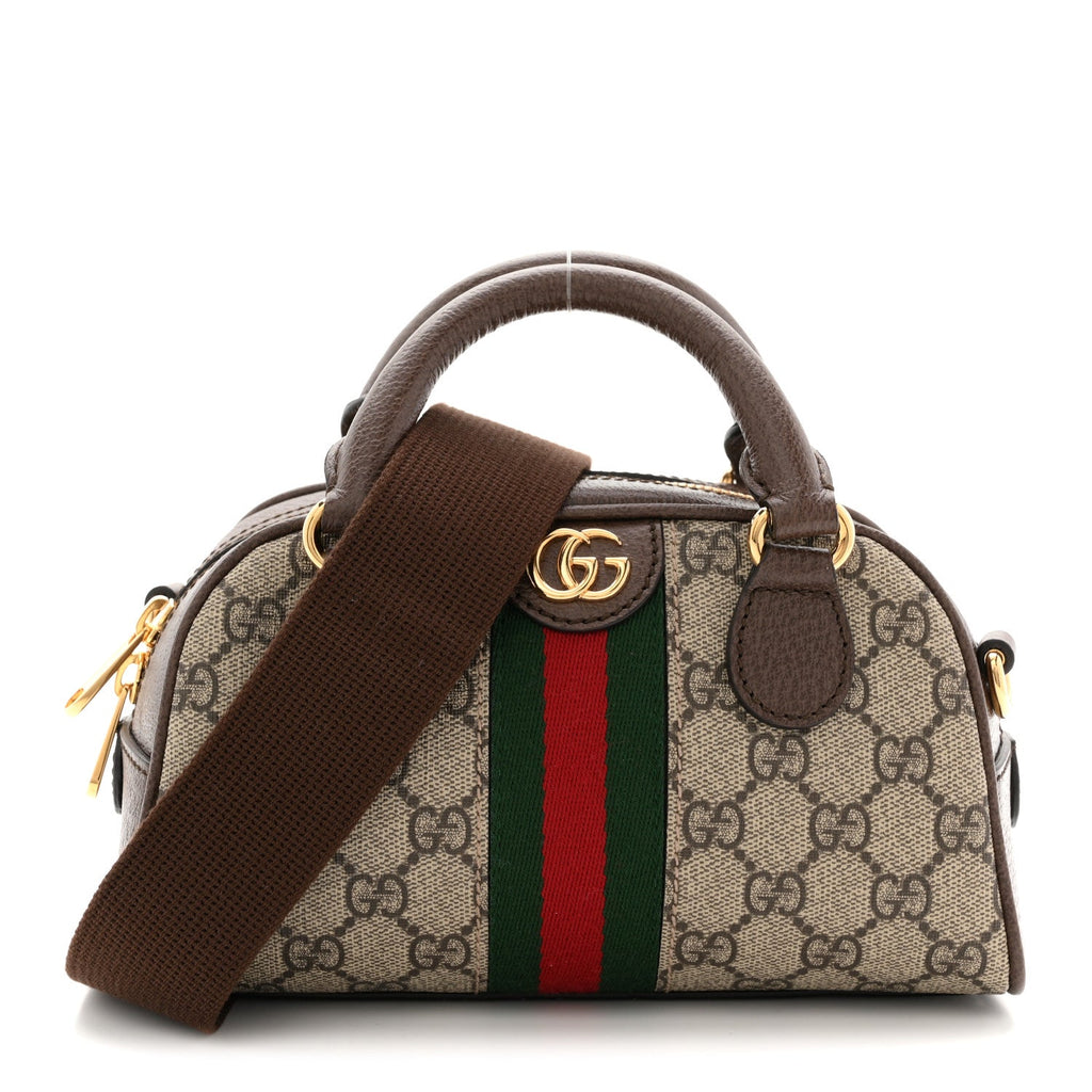 GG Supreme Monogram Textured Dollar Calfskin Web Mini Ophidia Top Handle Bowler Bag Beige Ebony New Acero