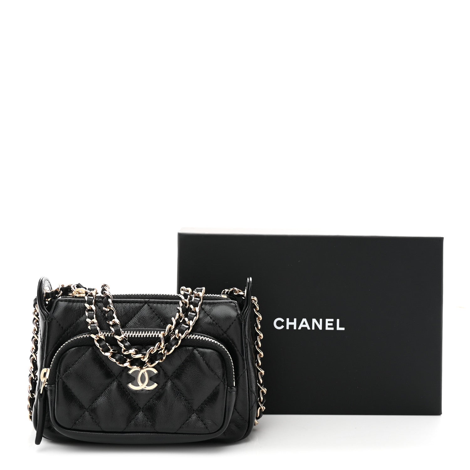 Shiny Crumpled Lambskin Quilted Mini Clutch With Chain Black