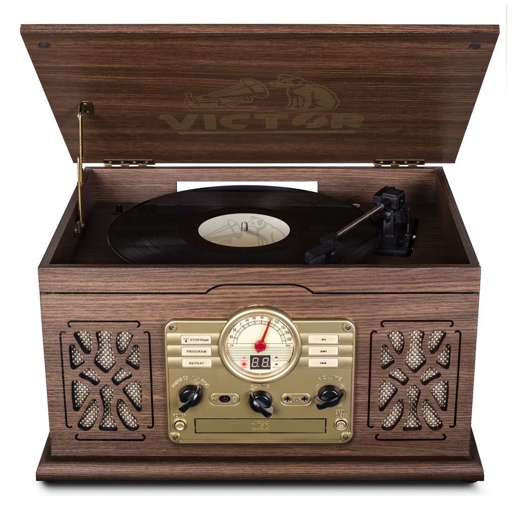 7-in-1 Wood Music Center with 3-Speed Turntable & Dual Bluetooth