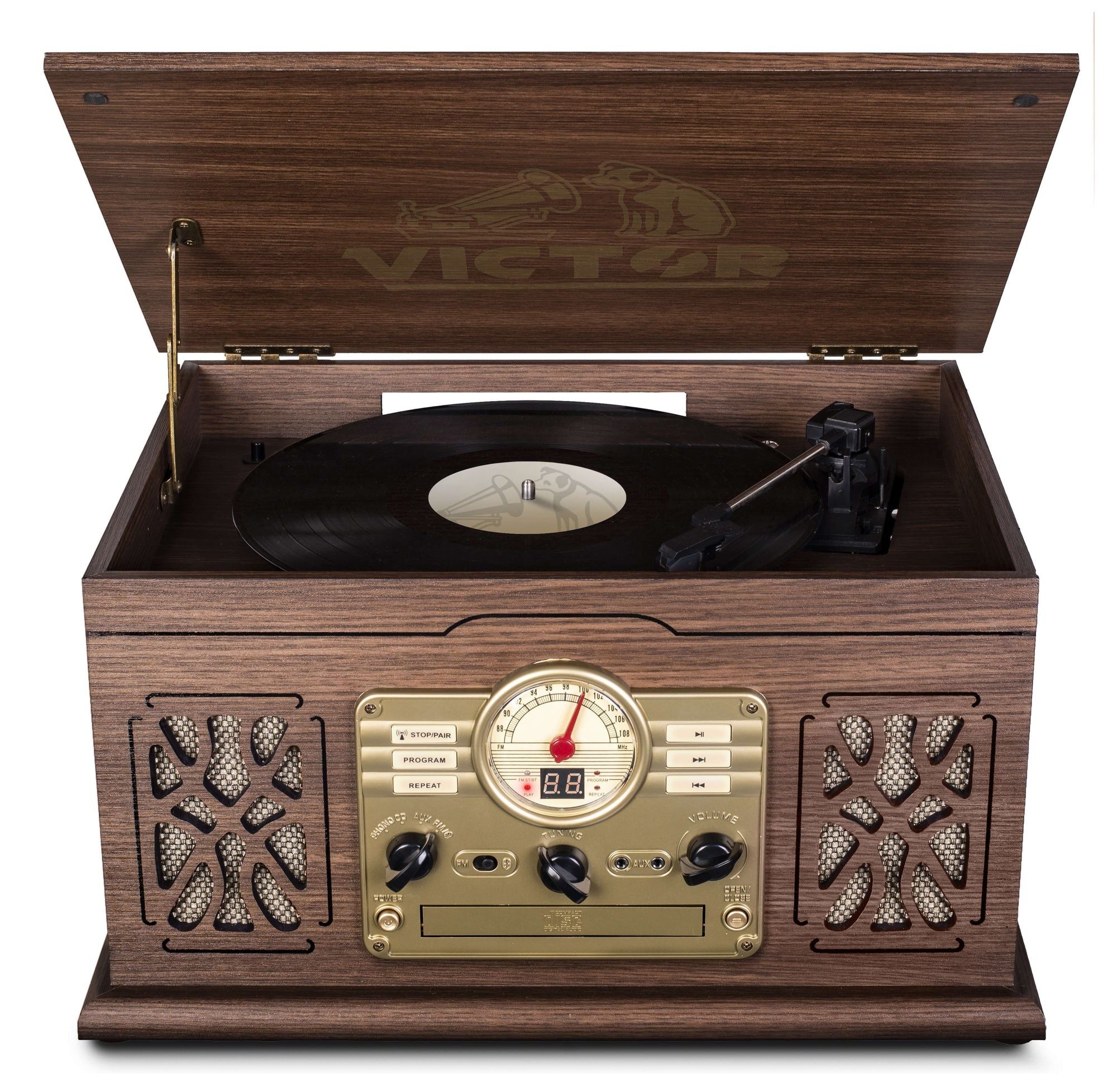 7-in-1 Wood Music Center with 3-Speed Turntable & Dual Bluetooth