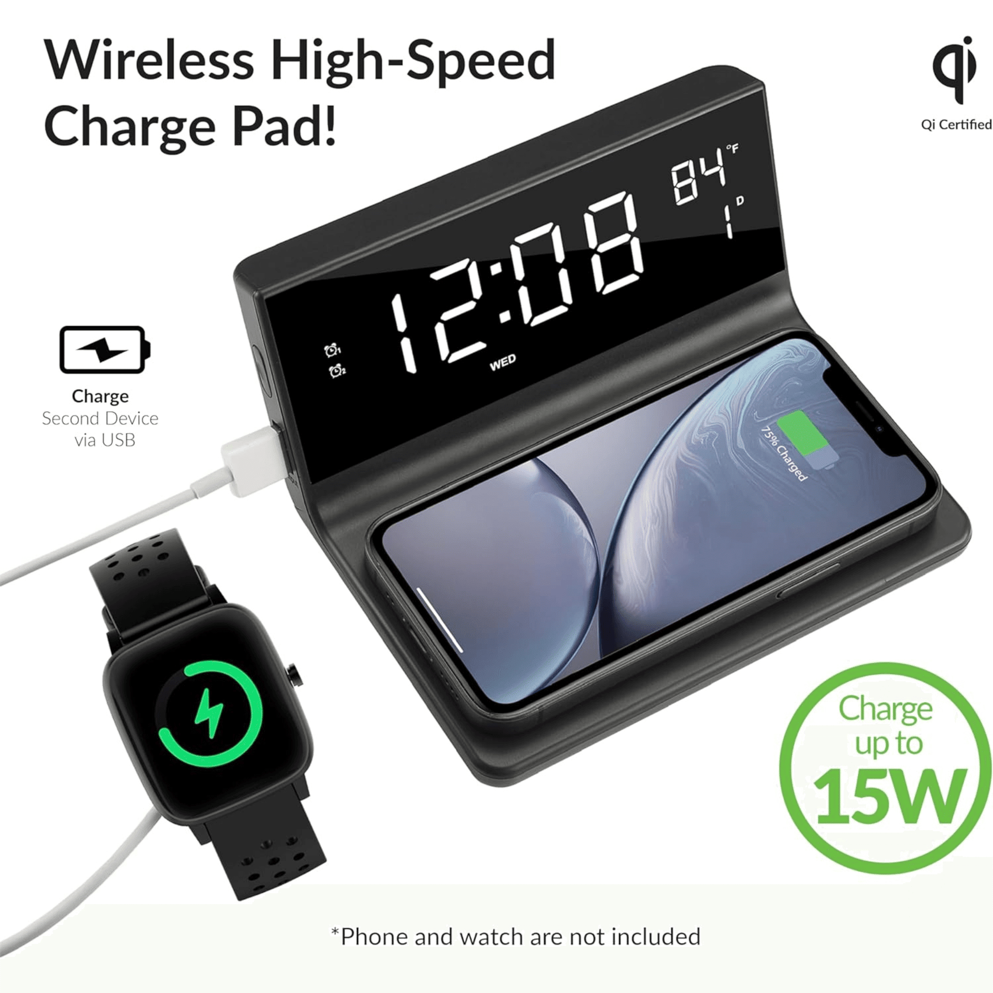 Dual Alarm Clock with 2-in-1 Wireless Charger