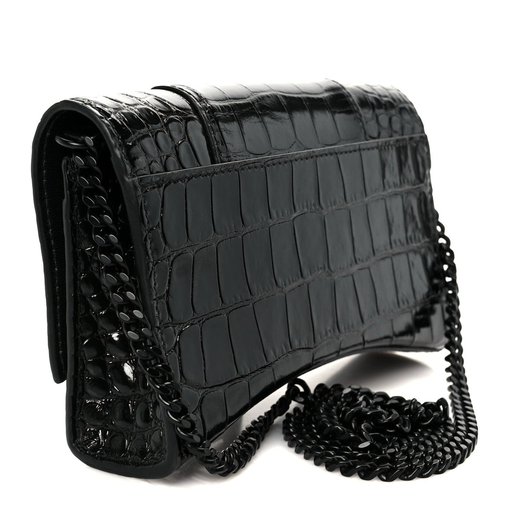 Shiny Calfskin Monochrome Crocodile Embossed Hourglass Chain Bag Black