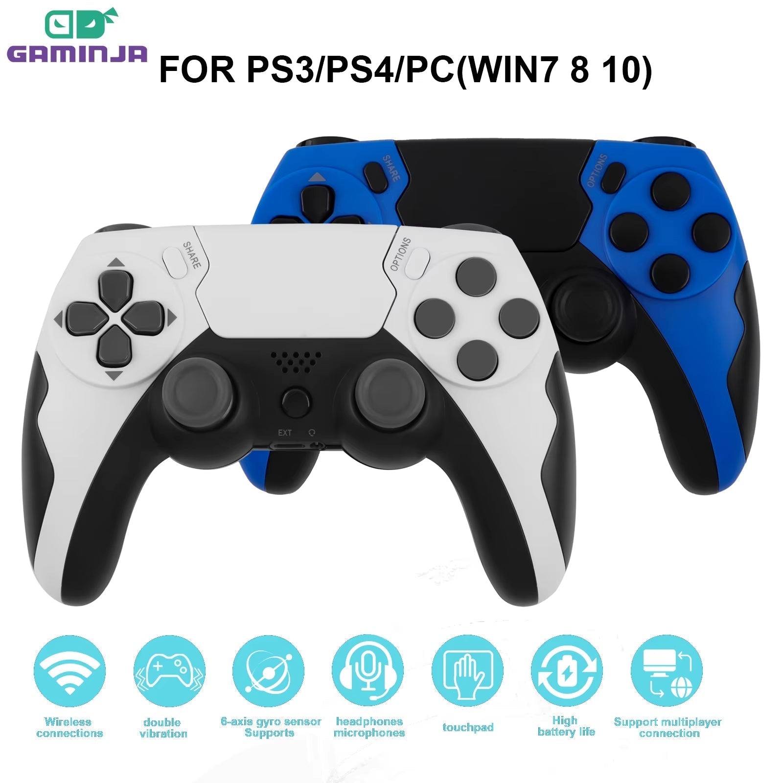 Wireless Dual Vibration Game Controller with 6-Axis Gyros for PS4, PS3, and PC