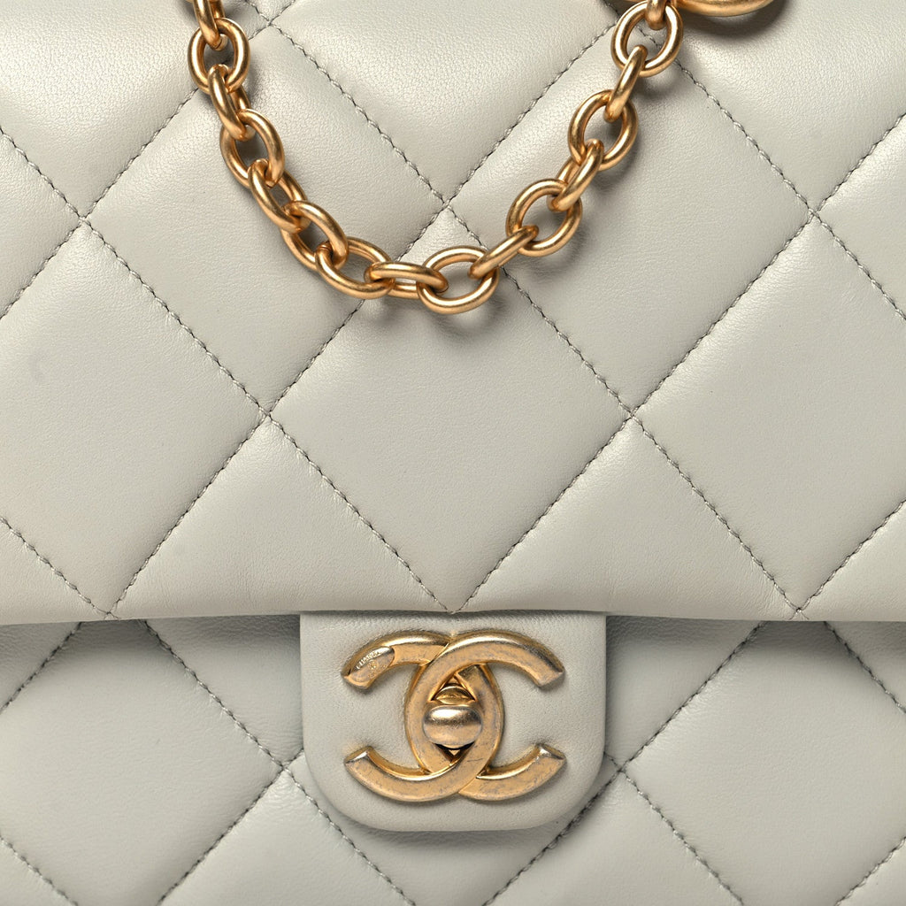 Lambskin Enamel Pearl Quilted Mini Charm Me Square Flap Light Blue