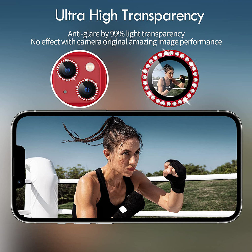 Diamond Camera Lens Protector, Diamond Tempered Glass Camera Cover Screen Protector For Iphone 14 / Iphone 14 Plus In Red