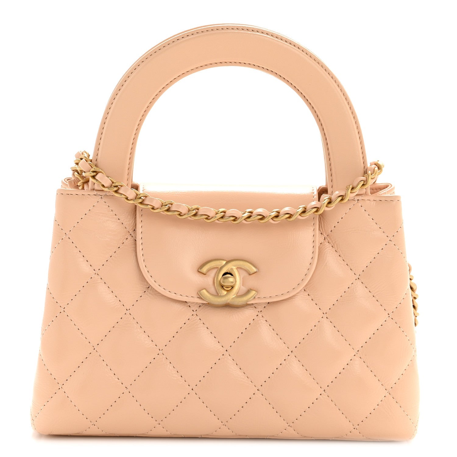 Shiny Aged Calfskin Quilted Nano Kelly Shopper Beige
