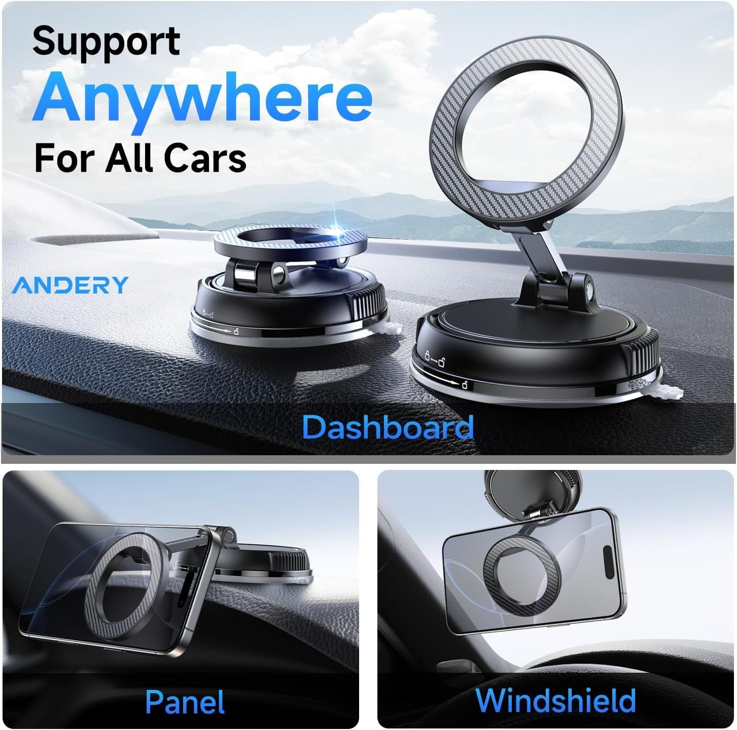 Car Phone Holder for Magsafe [78+LBS Strongest Suction & 2400gf Magnetic] 360° Adjustable Car Phone Mount, Phone Holders for Your Car for iPhone 17 Pro Max 16 15 14 13 12 Air Plus, Carbon Fiber