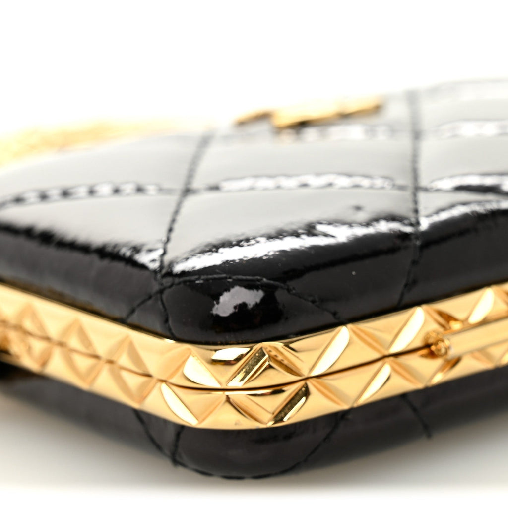 Glazed Goatskin Quilted Small Box With Chain Black