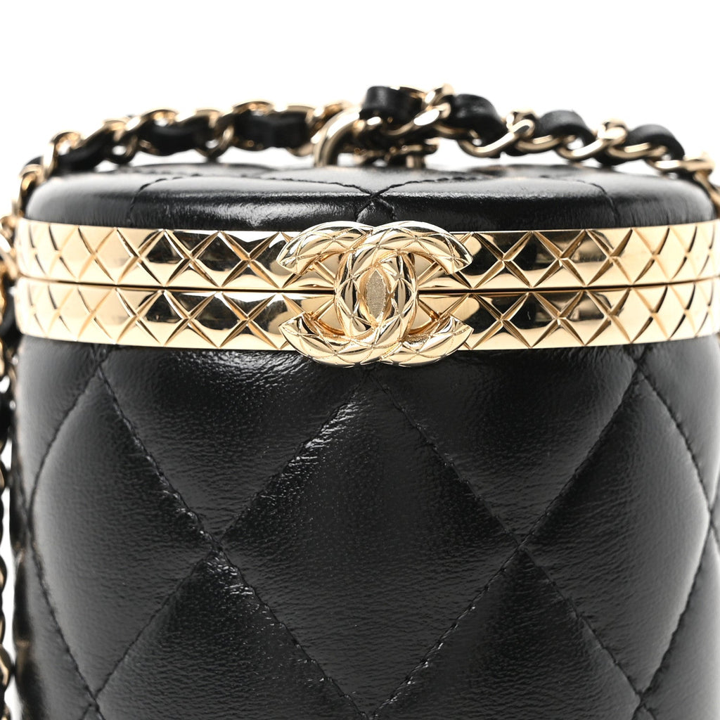 Metal Lambskin Quilted Mini Lock Frame Vanity Clutch Black