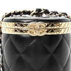 Metal Lambskin Quilted Mini Lock Frame Vanity Clutch Black