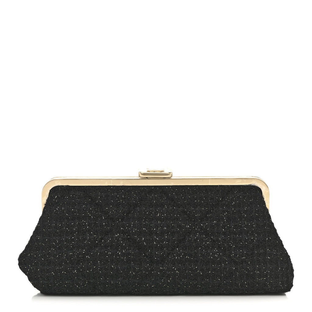 Tweed Quilted Kiss Lock Clutch Black