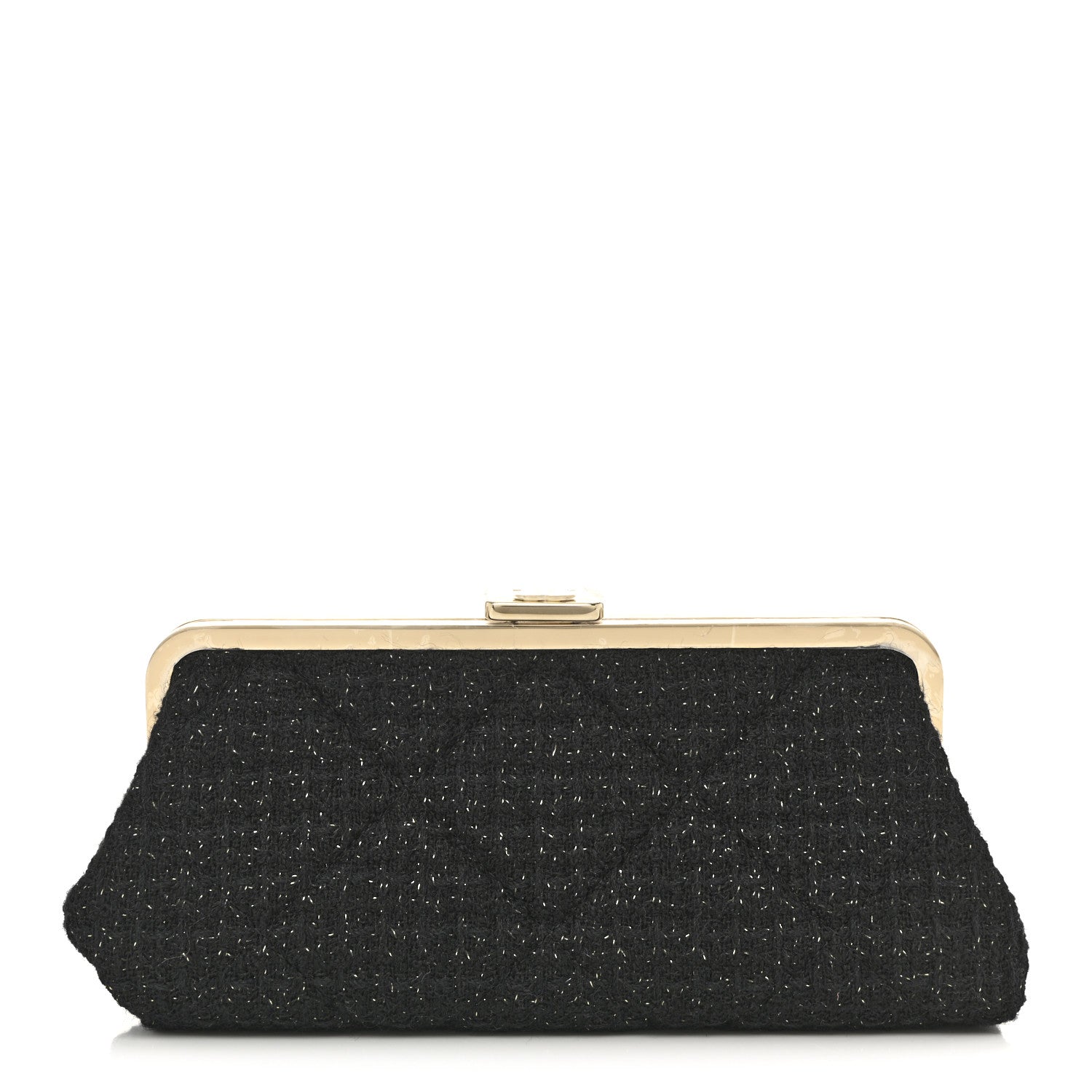Tweed Quilted Kiss Lock Clutch Black