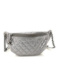 Metallic Calfskin Quilted Banane Waist Bag Fanny Pack Dark Silver
