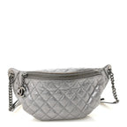 Metallic Calfskin Quilted Banane Waist Bag Fanny Pack Dark Silver