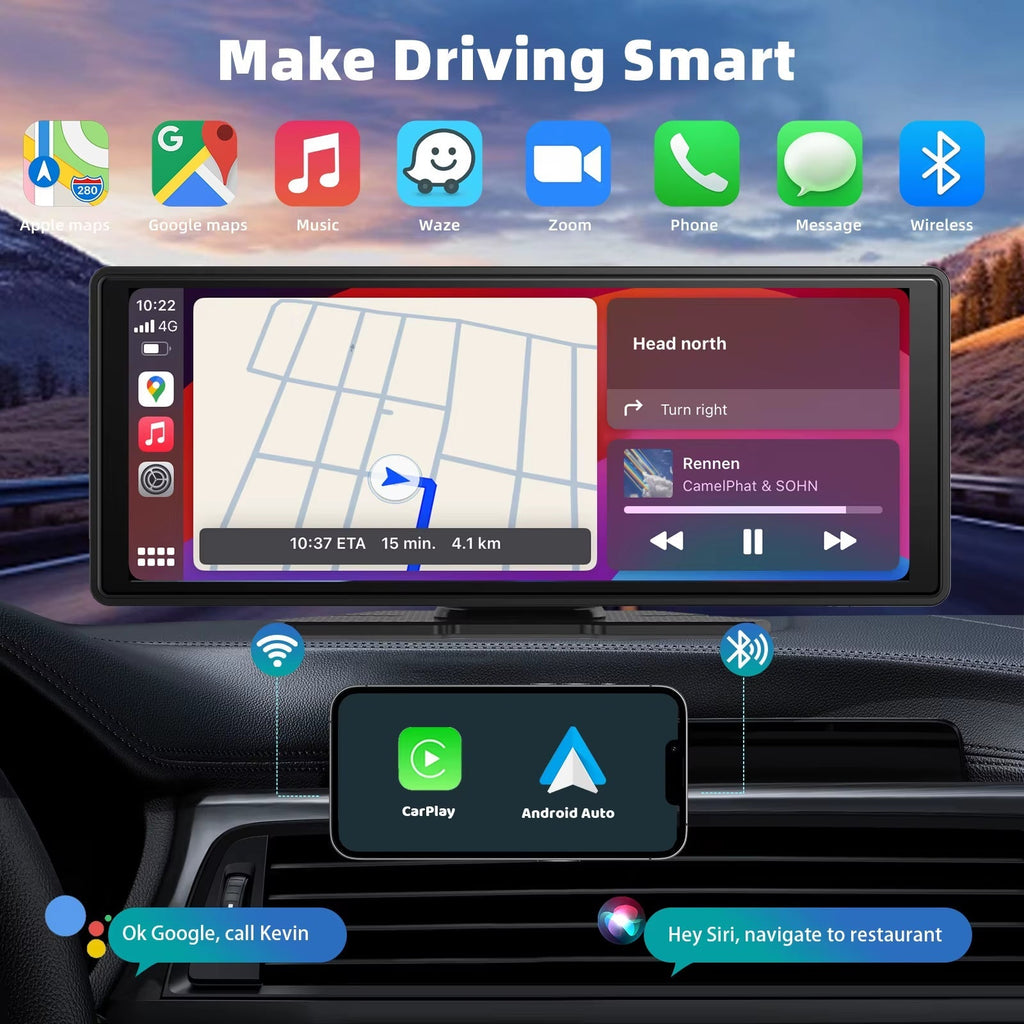 Portable Wireless CarPlay Car Stereo with 10.26" HD Touchscreen, Android Auto, Mirror Link, and Backup Camera Compatibility - 64gb Tf Card
