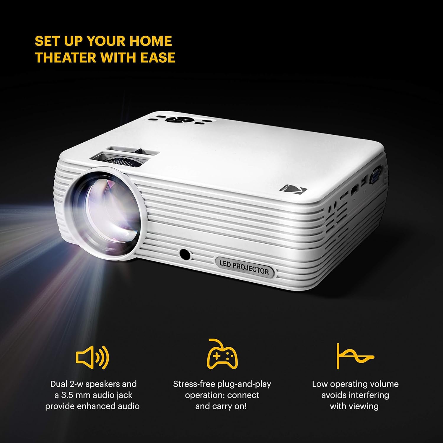 Kodak Flik X7 Home Projector, 1080p Support, Portable 4.0 LED Projector with Tripod & Case
