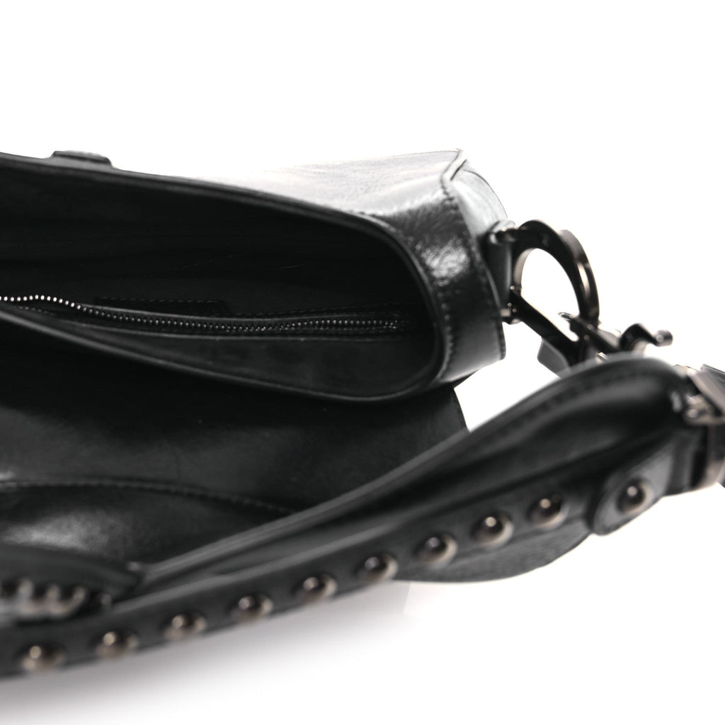 Shiny Crinkled Calfskin Studded Saddle Bag Black