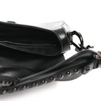Shiny Crinkled Calfskin Studded Saddle Bag Black
