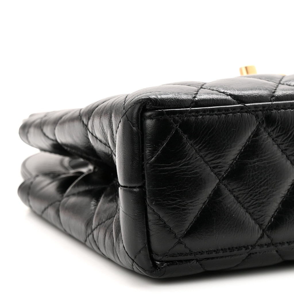 Shiny Aged Calfskin Quilted Nano Kelly Shopper Black