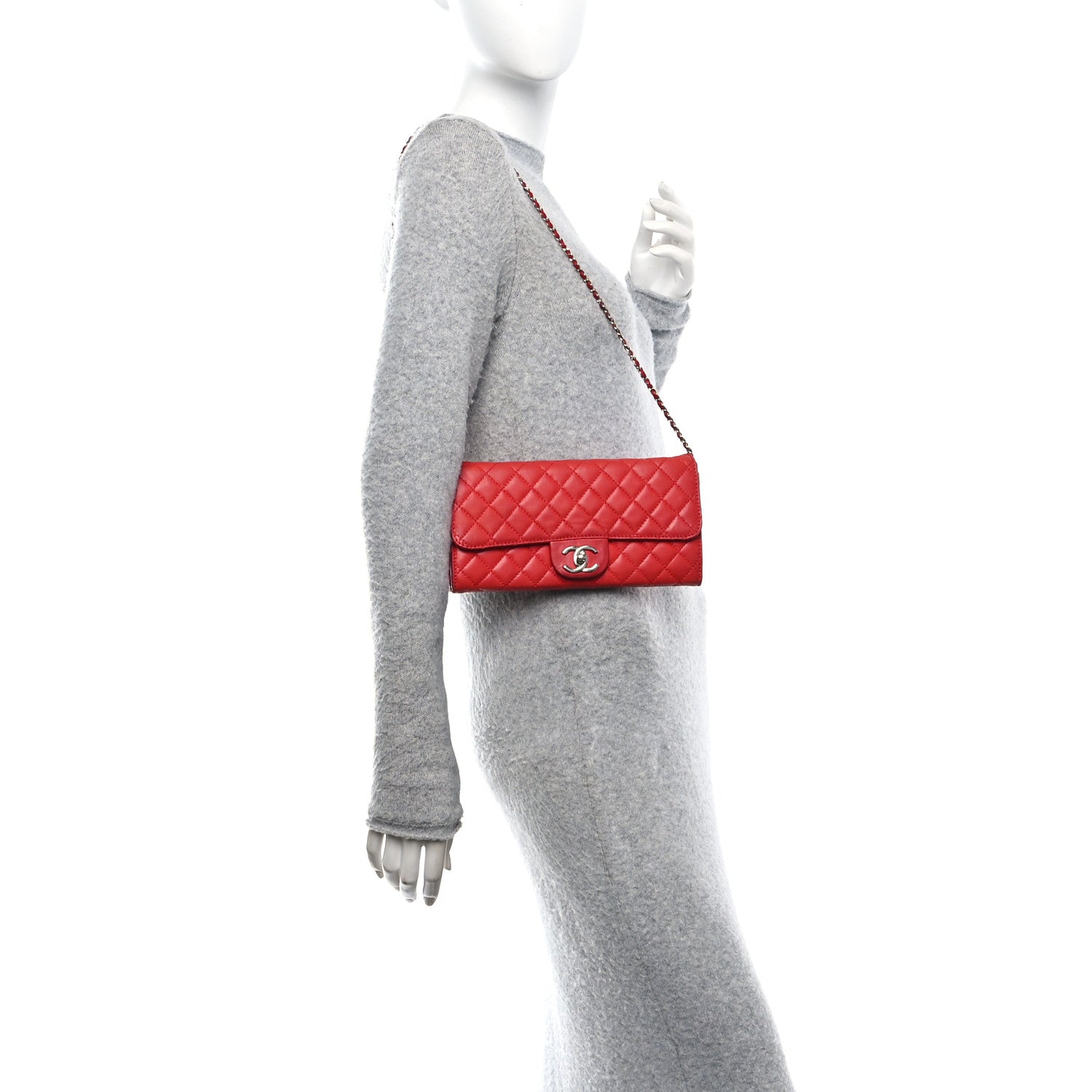 Lambskin Quilted Chain Clutch Flap Red