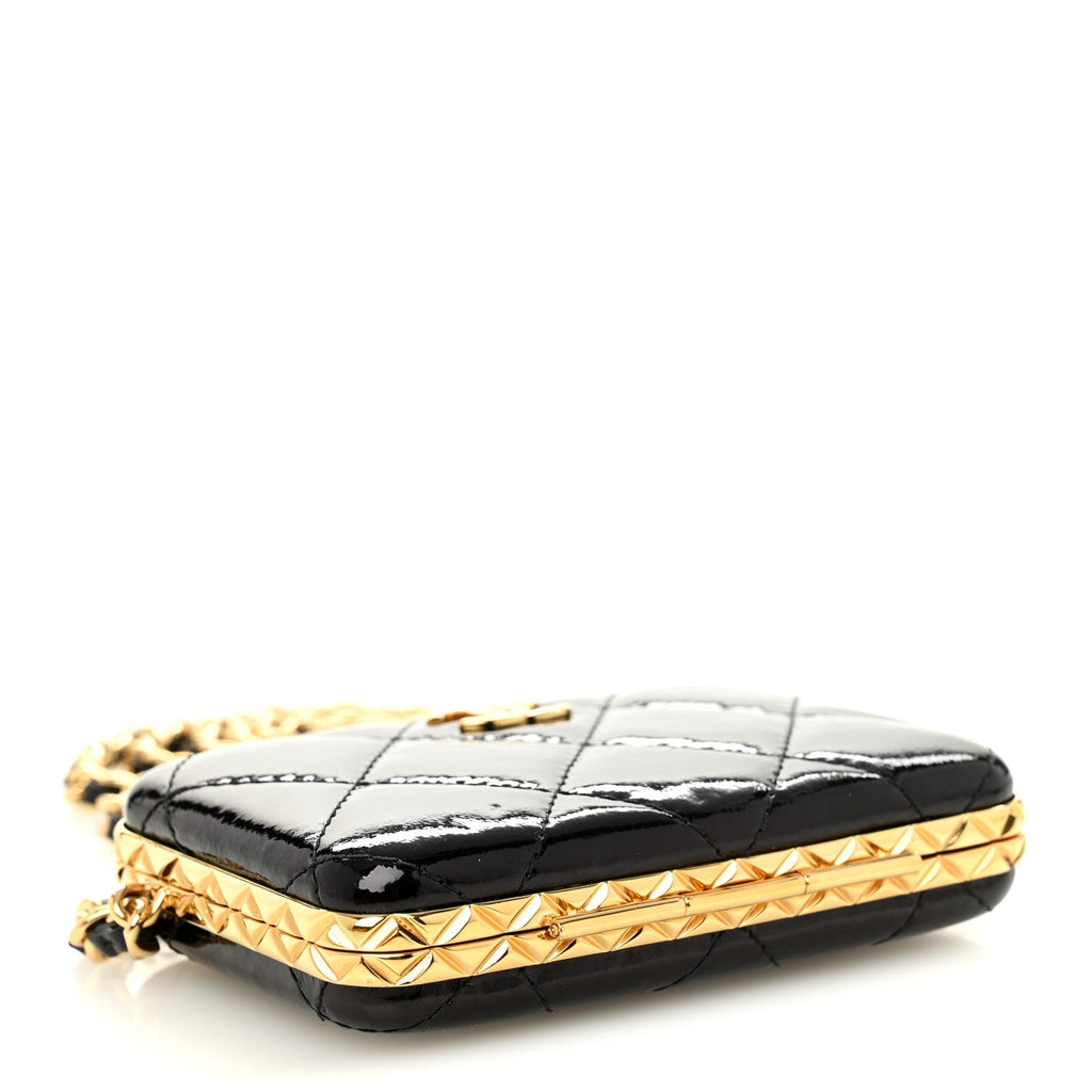 Glazed Goatskin Quilted Small Box With Chain Black