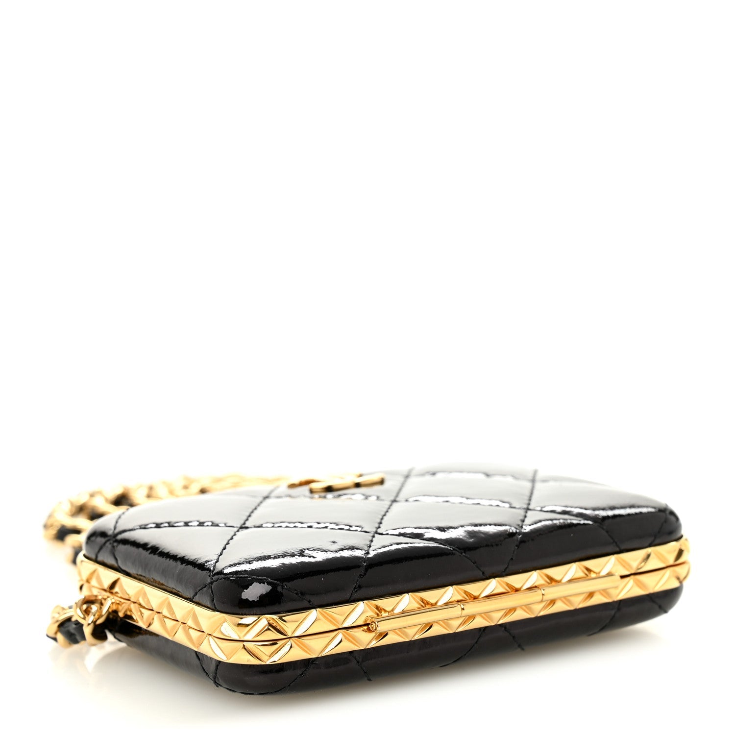 Glazed Goatskin Quilted Small Box With Chain Black