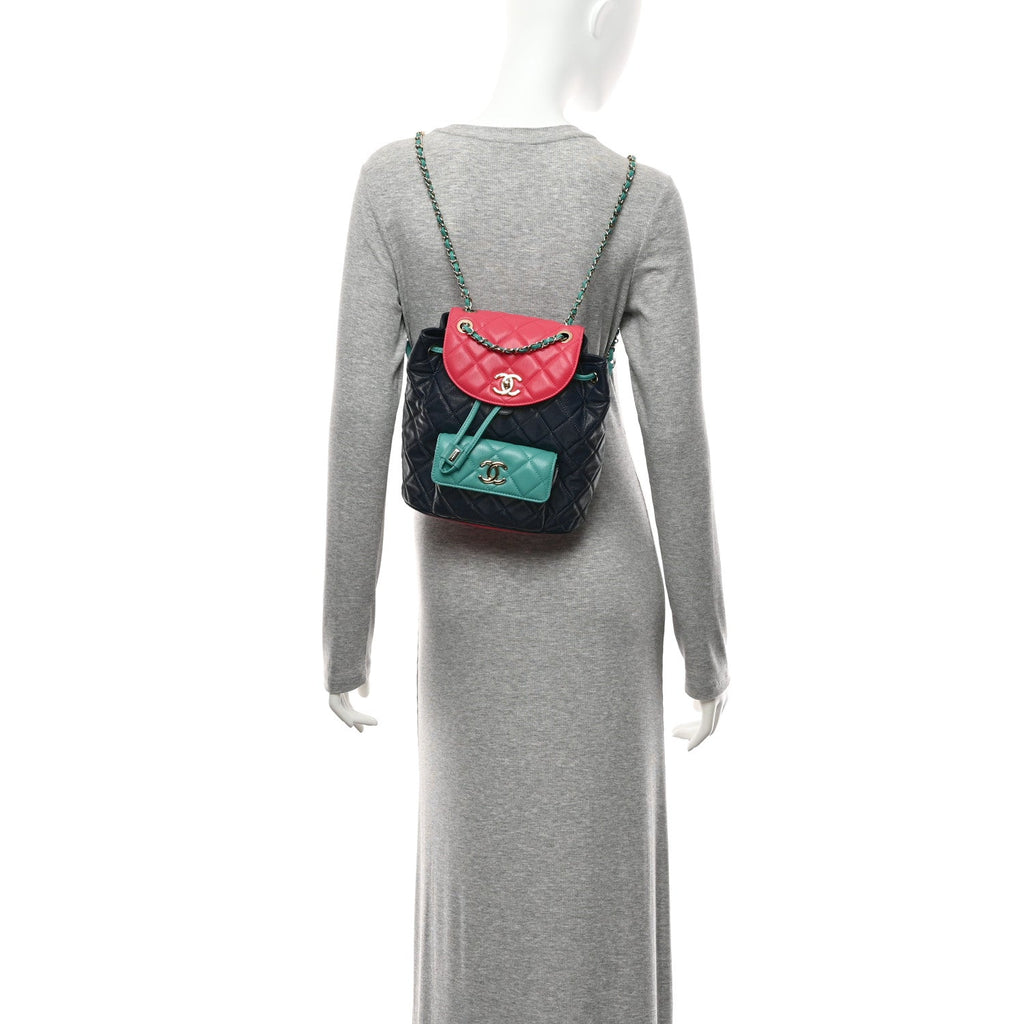 Goatskin Quilted Duma Drawstring Backpack Navy Turquoise Pink