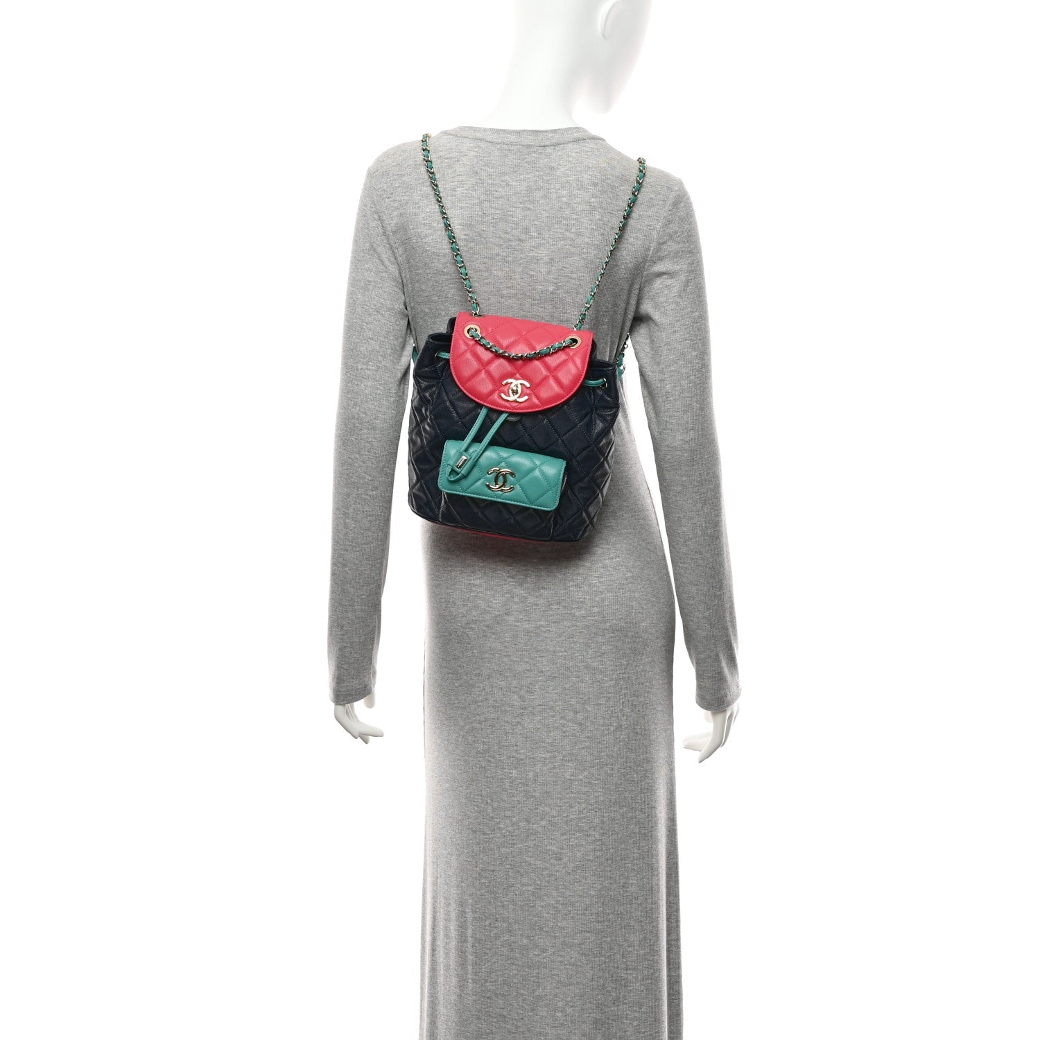 Goatskin Quilted Duma Drawstring Backpack Navy Turquoise Pink