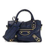 Calfskin Crocodile Embossed Gold Metallic Edge Hardware Mini City Bleu