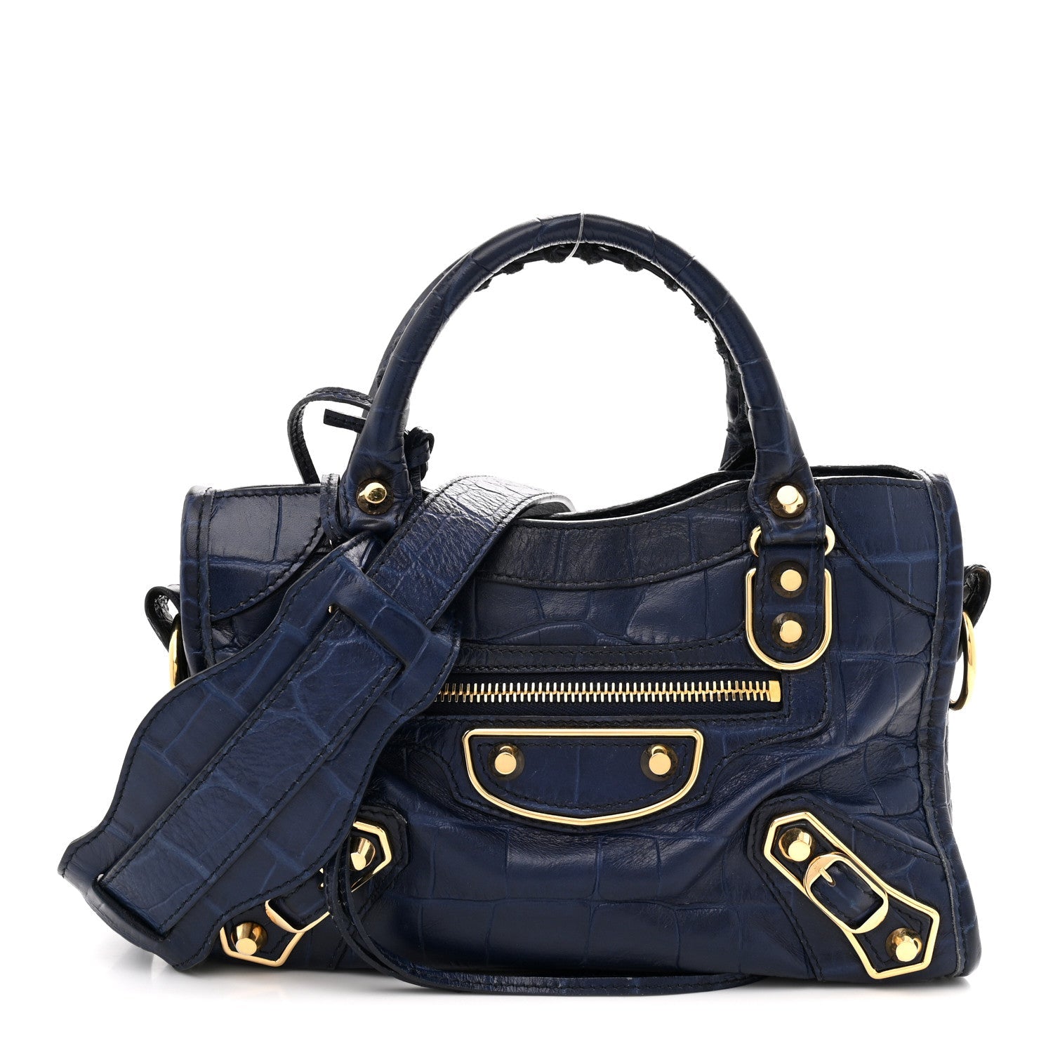 Calfskin Crocodile Embossed Gold Metallic Edge Hardware Mini City Bleu
