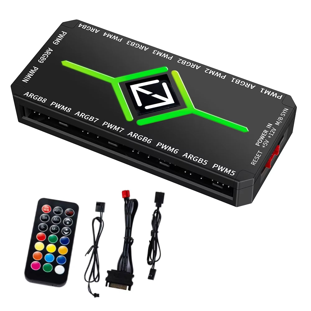 3-in-1 PWM Magnetic ARGB Fan Hub Splitter with Remote Control for PC - Supports Up to 9 Fans and Custom Lighting