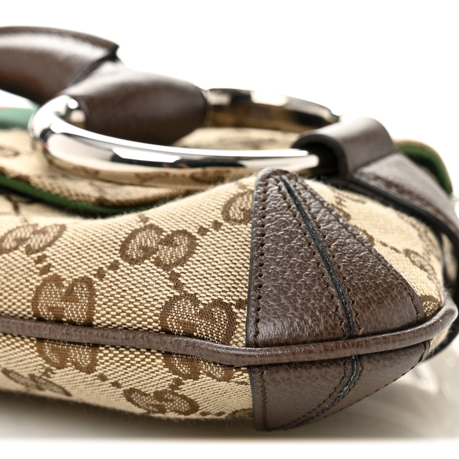 Monogram Textured Dollar Calfskin Heavy Grosgrain Web Medium Maxi Horsebit Chain Shoulder Bag Beige Ebony New Acero