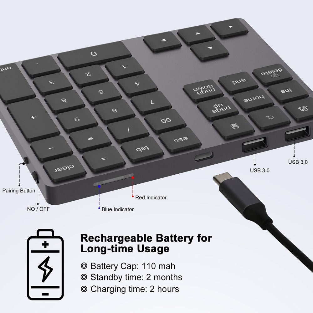 Aluminum Alloy Bluetooth Wireless Numeric Keypad without USB HUB Digital Input Function for Windows; Mac OS; Android laptop PC