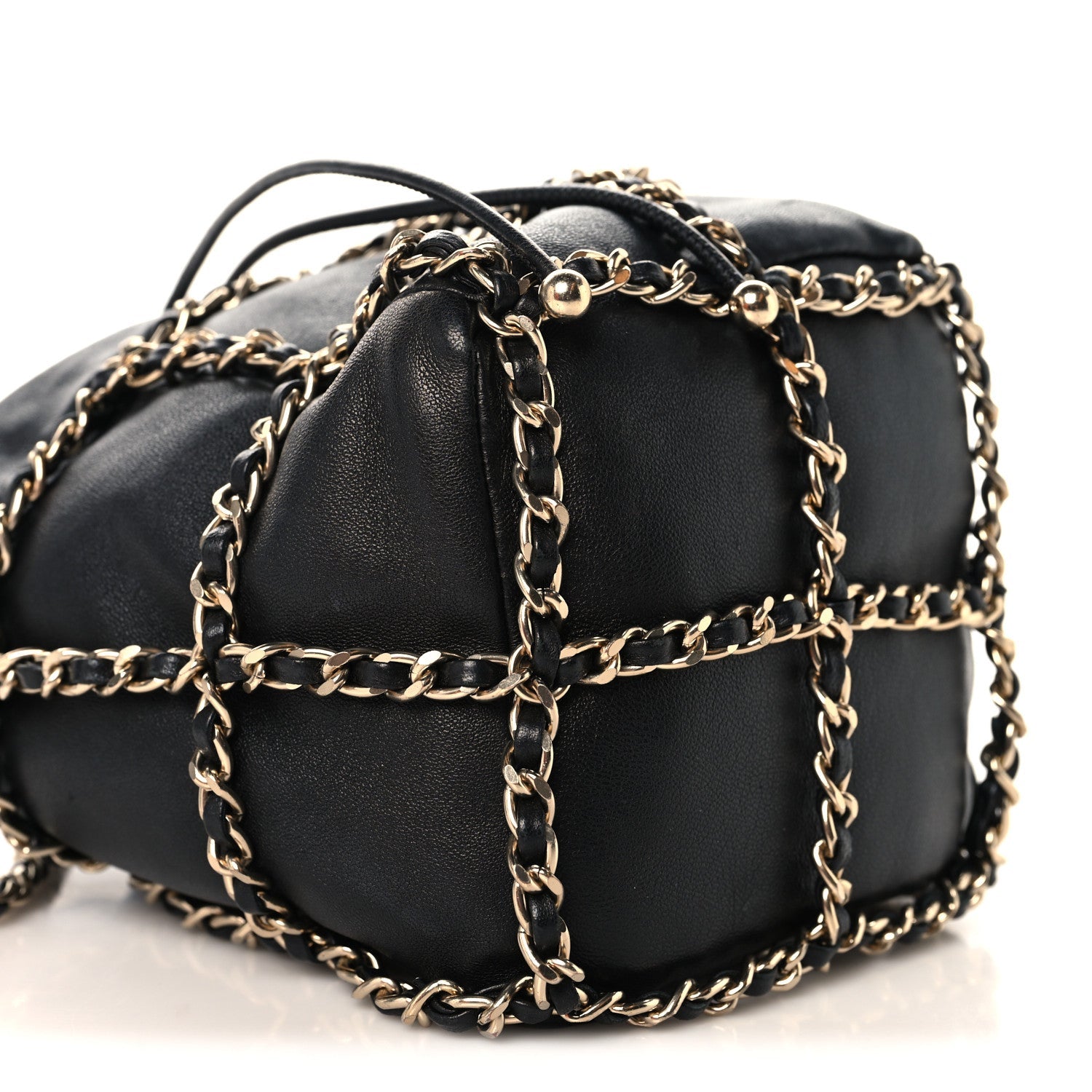 Lambskin Bucket Chain Drawstring Bag Black