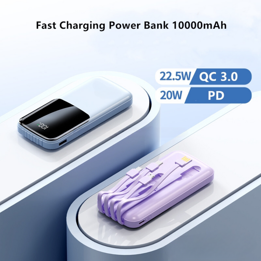Entronix [3-in-1] Power Bank - 10000 mAh Built-in Cables USB-C/iPhone/Android