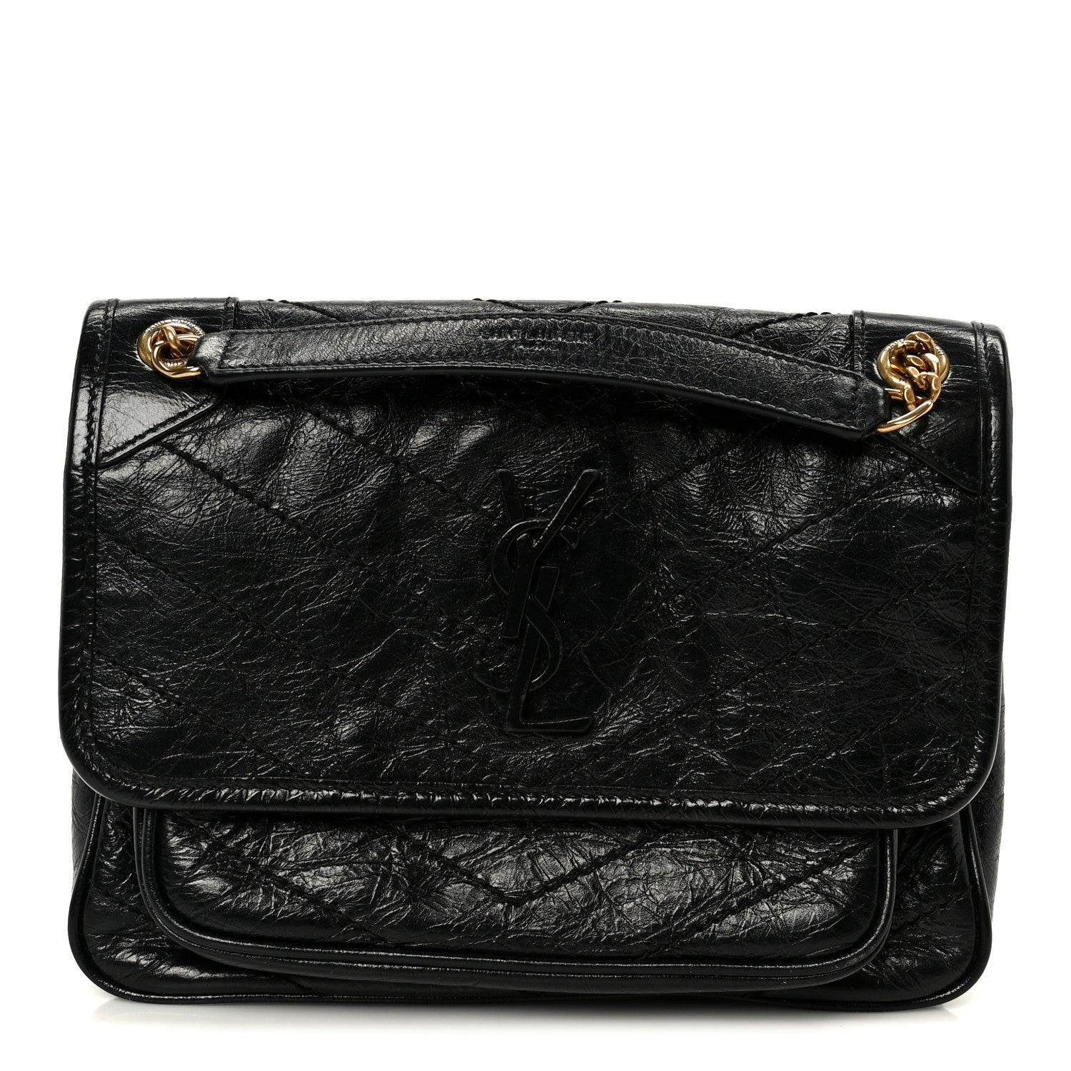 Crinkled Calfskin Matelasse Monogram Baby Niki Chain Satchel Black