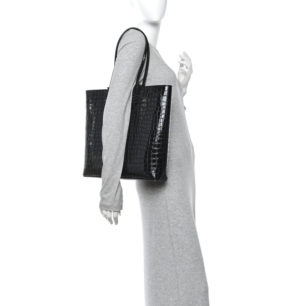 Patent Calfskin Crocodile Embossed Spikes Zipped Cabata Tote Black